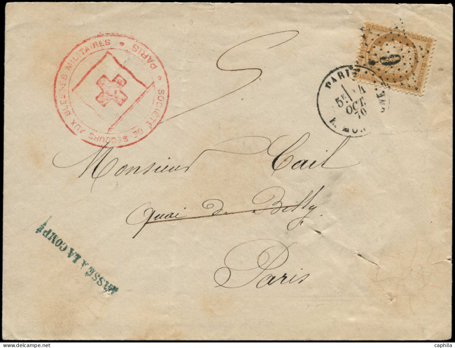 LET FRANCE - Poste - 36, Sur Env. Paris 24/10/1870 + Cachet Rouge "Société De Secours Aux Blessés Militaires", TB, Rare. - 1849-1876: Periodo Clásico