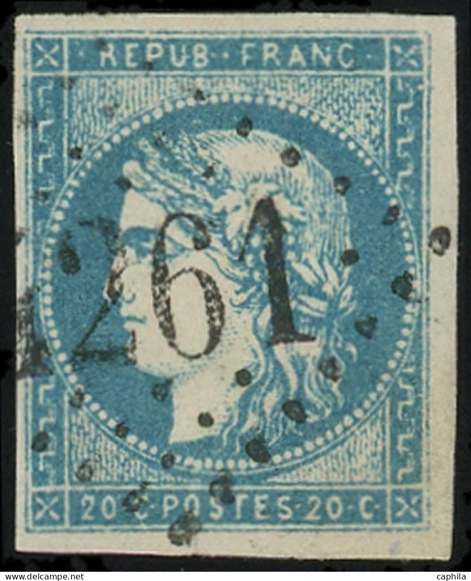 O FRANCE - Poste - 44A, Type I Report 1, Obl GC, Signé Calves Et Scheller, Tb: 20c. Bleu - 1870 Bordeaux Printing