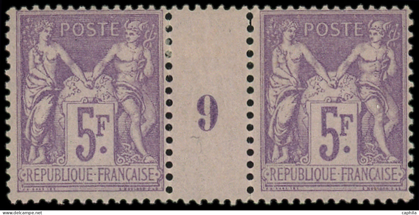 * FRANCE - Poste - 95, Paire Millésime "9", Signée Brun: 5f. Violet Sur Lilas - 1876-1898 Sage (Tipo II)