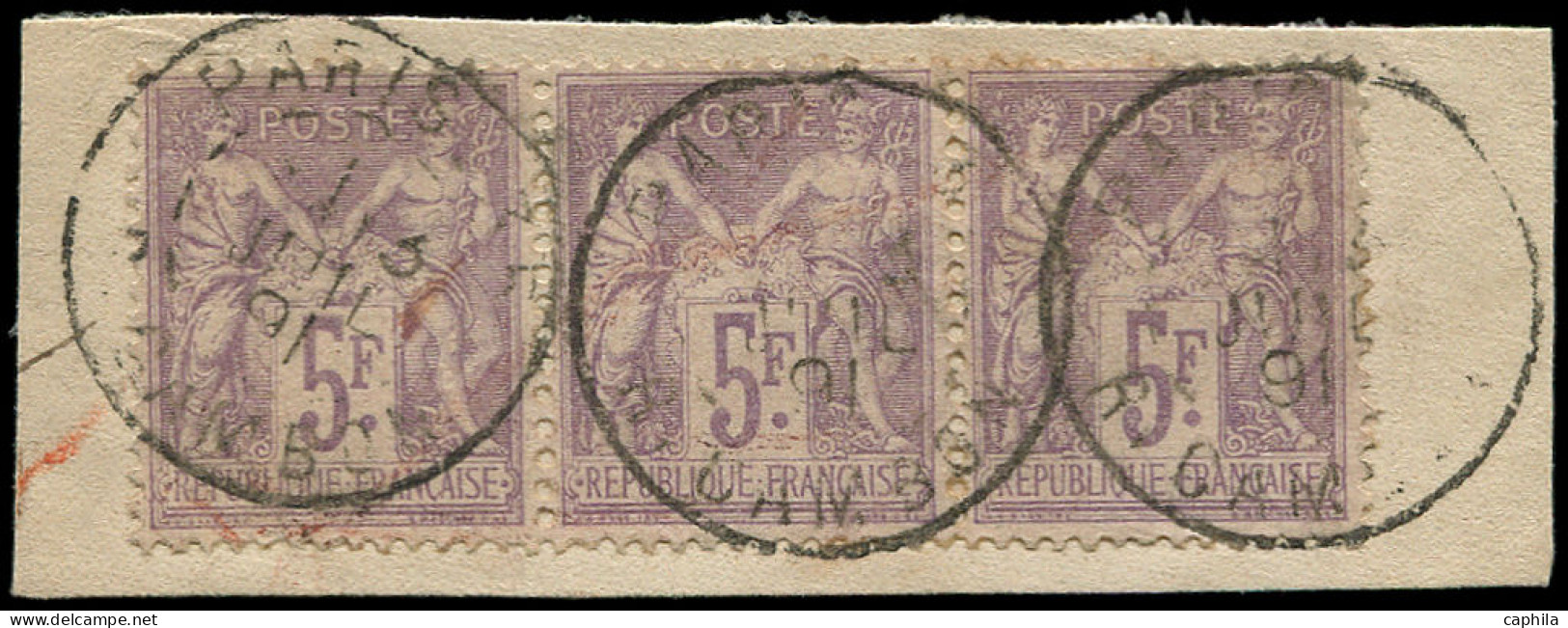 O FRANCE - Poste - 95, Bande De 3 Sur Fragment, TB: 5f. Sage - 1876-1898 Sage (Type II)