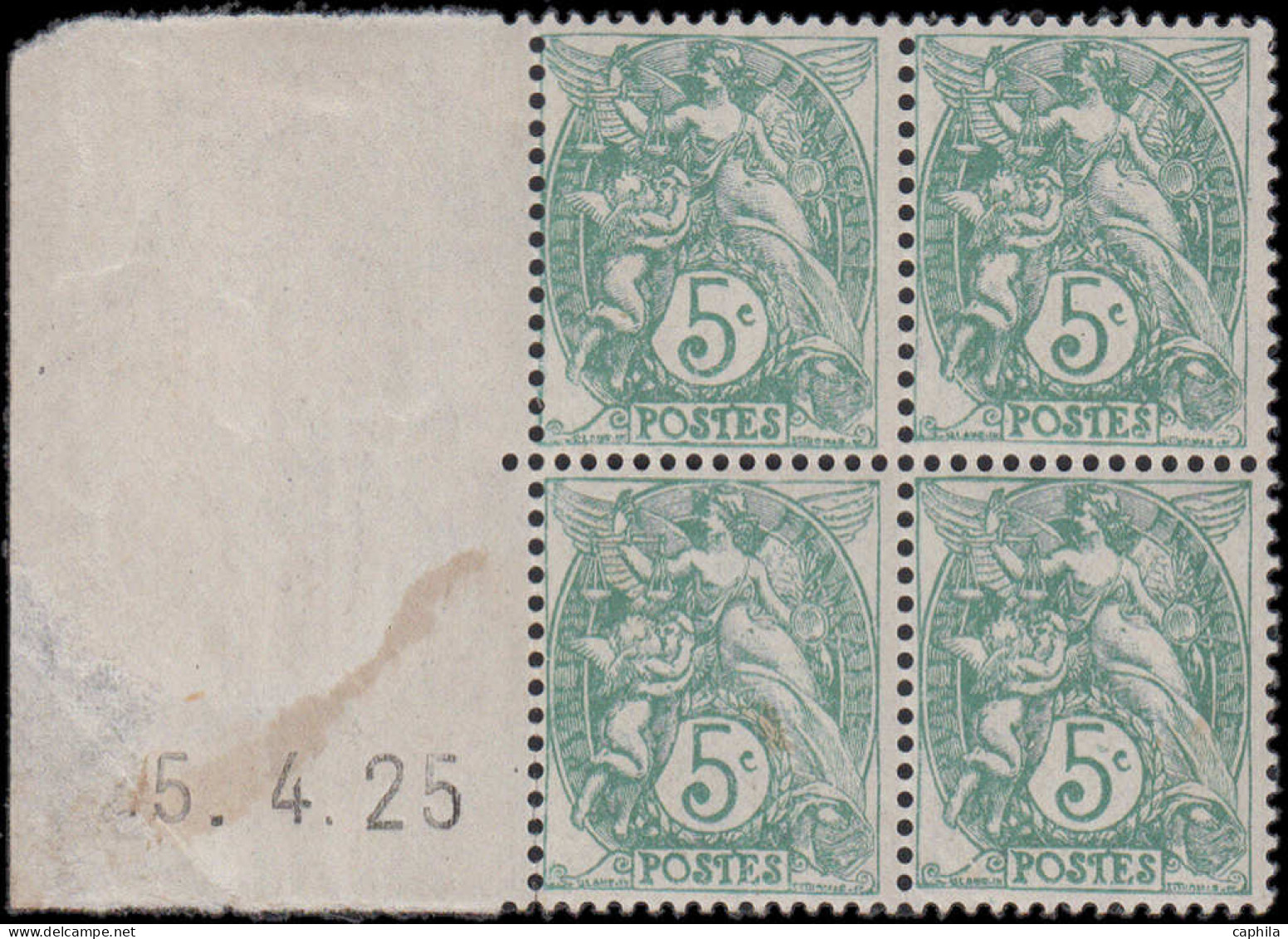 ** FRANCE - Poste - 111, Type IIB, Bloc De 4, Cd à Gauche (roulette), 5/4/25: 5c. Blanc (défaut Sur Bdf) - Unused Stamps