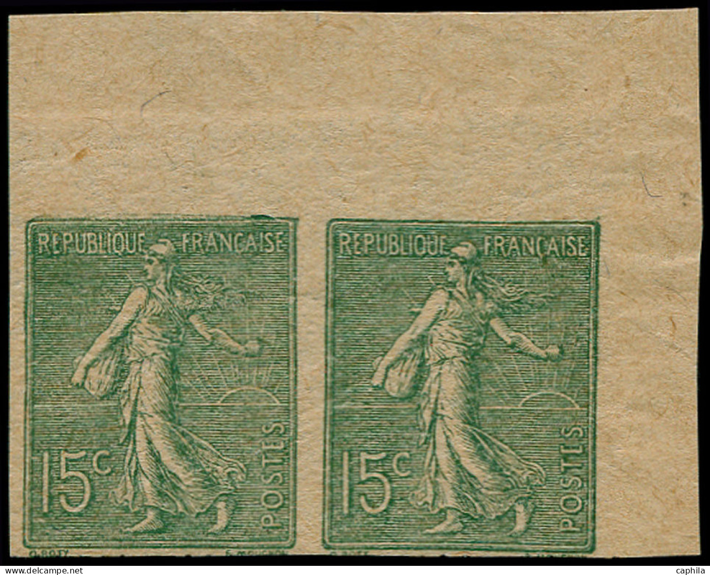 ** FRANCE - Poste - 130j, Type IV, Paire Non Dentelée, Cdf, Signé Brun: 15c. Semeuse Lignée (Spink) - Ungebraucht