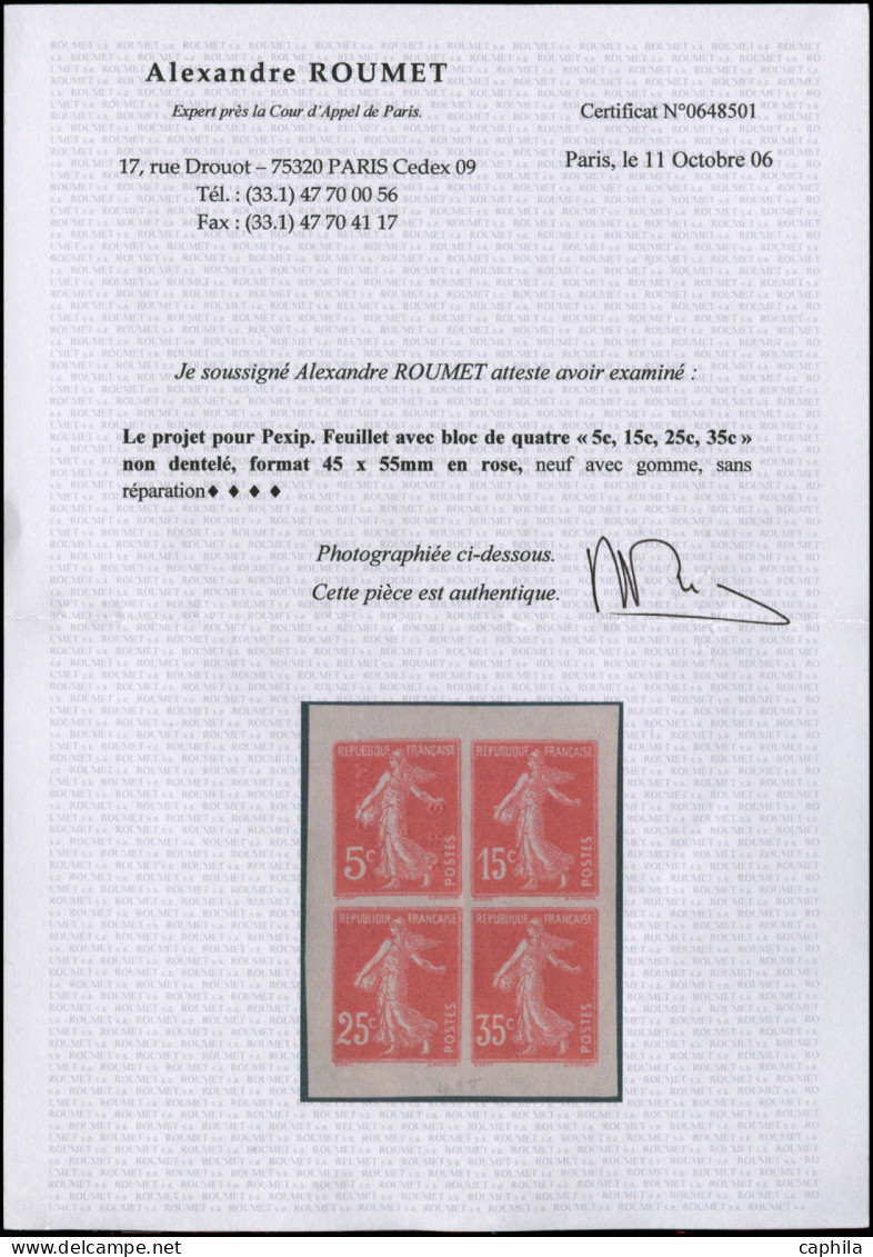 * FRANCE - Poste - 137+140+142+189, Petit Feuillet Collectif En Rose Non Dentelé (Projet Pexip), Certificat Roumet - Unused Stamps