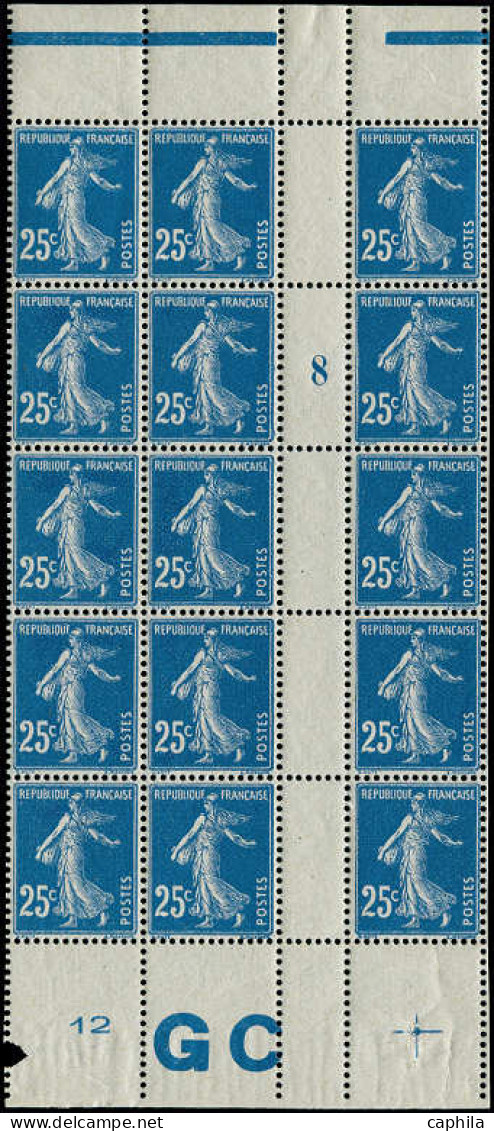 ** FRANCE - Poste - 140, Type IA, Bloc De 15, Millésime "8", Manchette GC Blanc: 25c. Semeuse Bleu - Ongebruikt