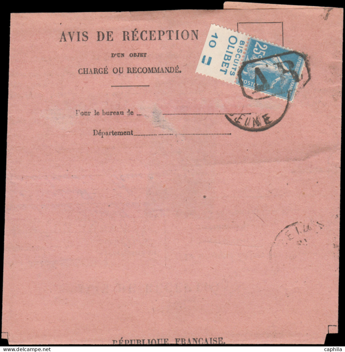 LET FRANCE - Poste - 140 Avec Publicité "Olibet" Sur Avis De Réception 26/11/24: 25c. Semeuse Bleu - 1877-1920: Periodo Semi Moderno