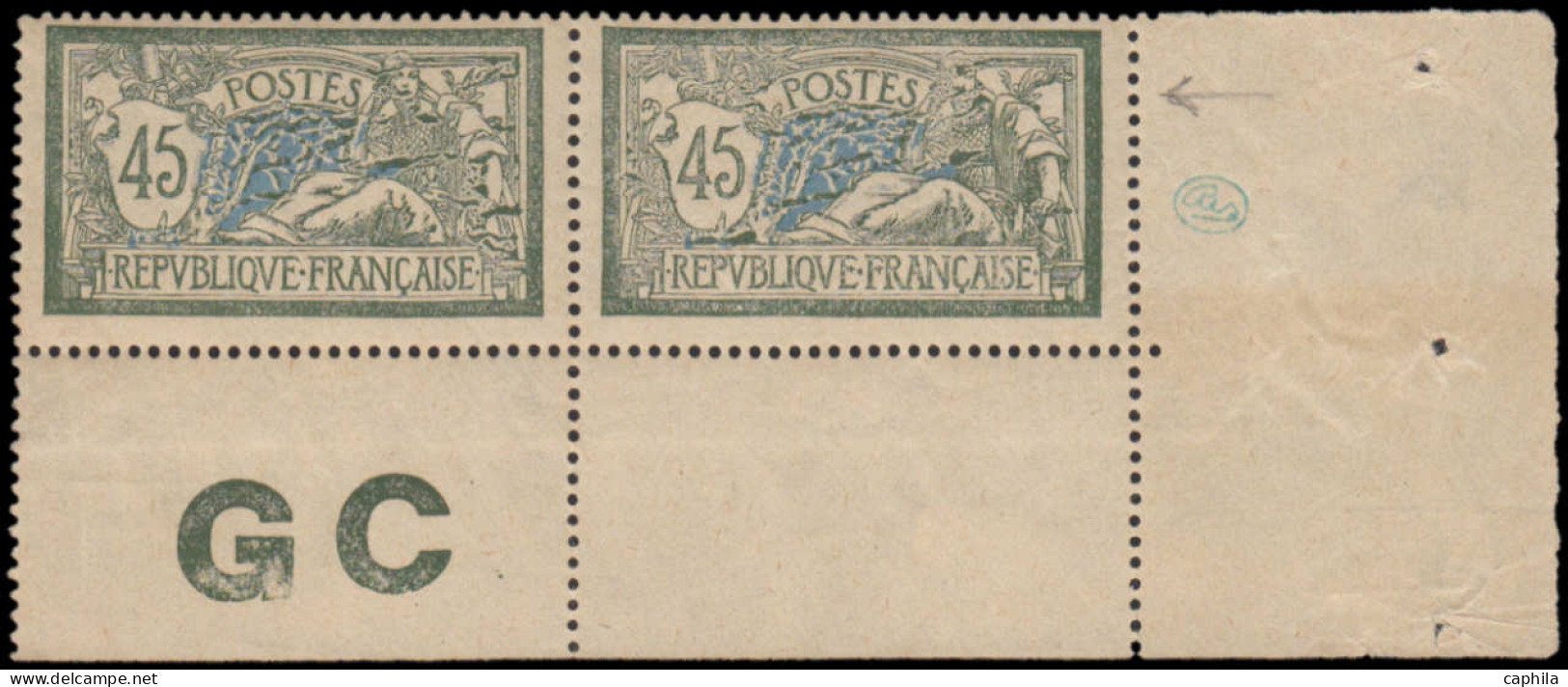 ** FRANCE - Poste - 143d, Paire Cdf, Manchette GC Grise, 1 Exemplaire Sans Visage: 45c. Merson - Unused Stamps