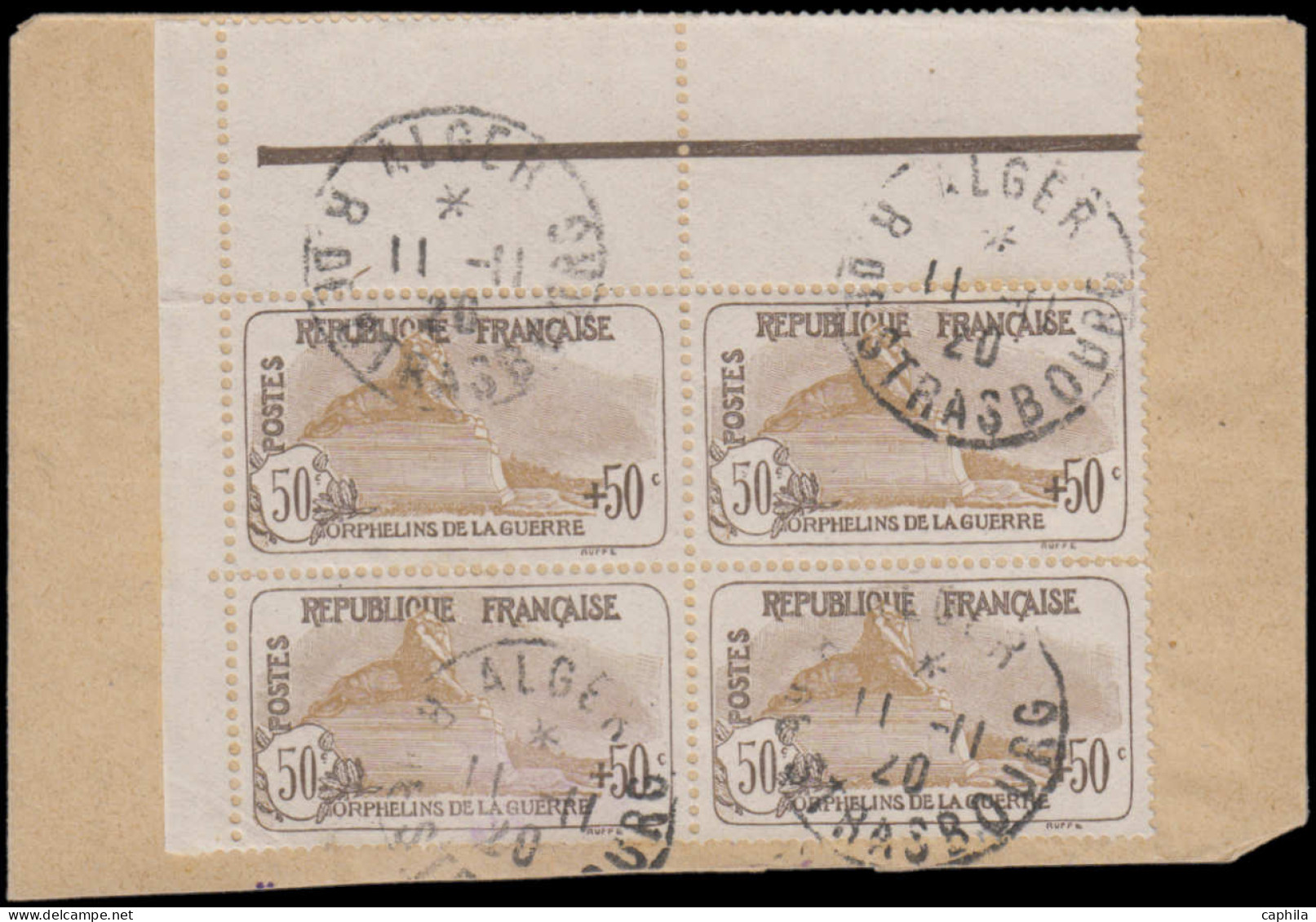 O FRANCE - Poste - 153, Bloc De 4 Cdf Sur Petit Fragment, Obl. Alger 11/11/20: 50+50c. Orphelins - Gebraucht