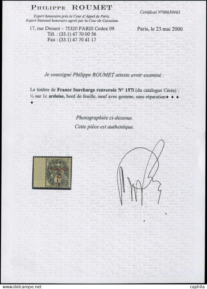 * FRANCE - Poste - 157c, Surcharge Renversée, Bdf, Superbe, Certificat Photo Roumet, Signé Calves: 1/2c Sur 1c. Blanc - Unused Stamps