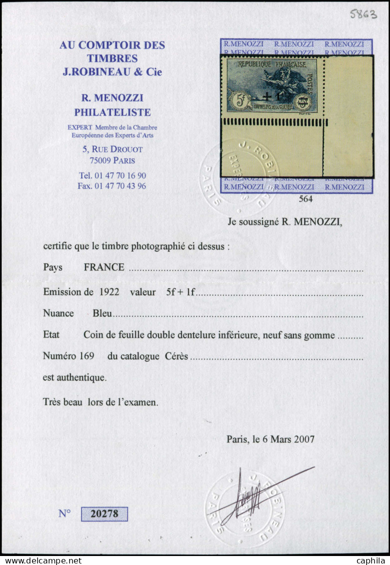 (*) FRANCE - Poste - 169, Extraordinaire Sextuple Piquage Horizontal, Cdf, Superbe, Certificat Robineau: 1f+5f. Orphelin - Neufs