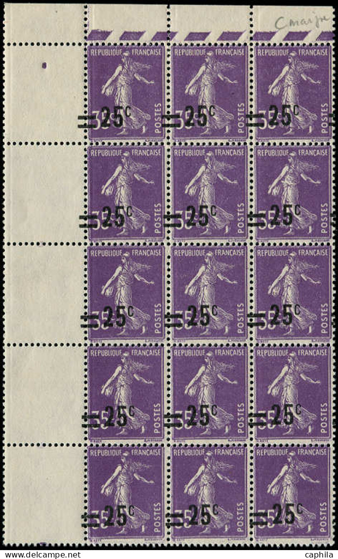 ** FRANCE - Poste - 218, Bloc De 15, Surcharge à Cheval: 25/35c. Semeuse Violet (Spink) - Neufs