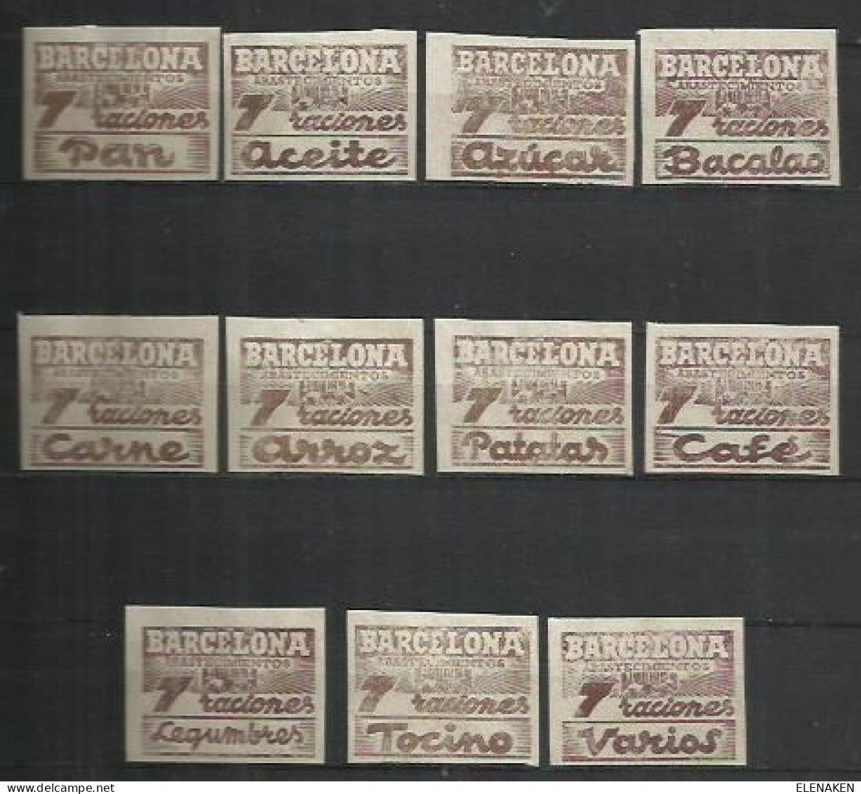 8519-COLECCION COMPLETA 11 CUOTAS CUPONES BARCELONA RACIONAMIENTO 1939, ABASTECIMIENTO 7 RACIONES, ESPAÑA GUERRA CIVIL - Beneficiencia (Sellos De)