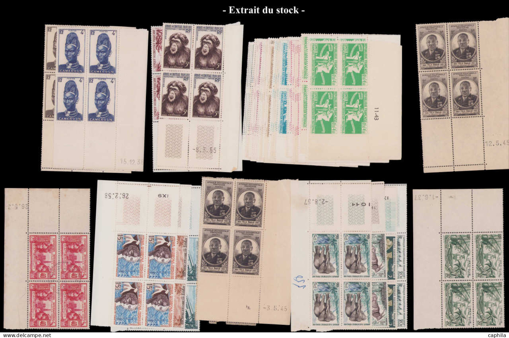 LOT COLONIES FRANCAISES - Poste - Stock De Coin Datés Majorité En Bloc De 4 Et Neufs **, Période 1930/1960 - Autres & Non Classés