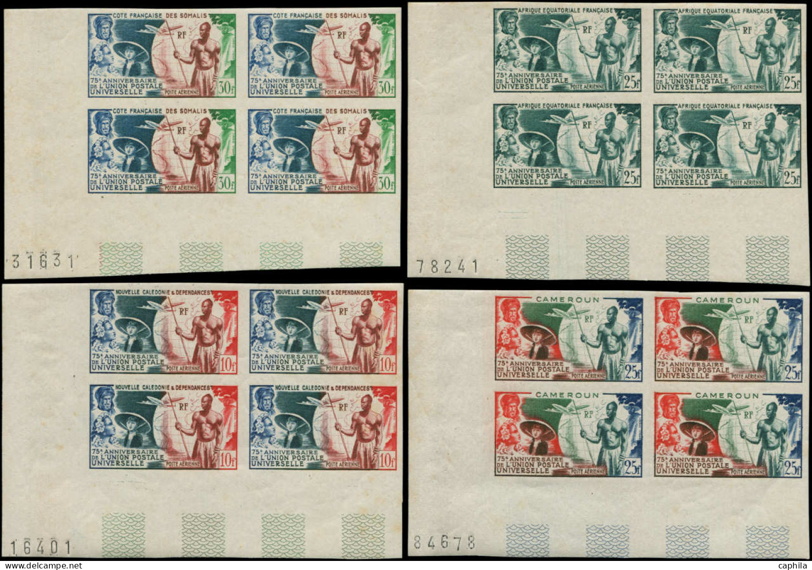 ** COLONIES SERIES - Poste Aérienne - 1949, 75ème An. UPU, Complet, 12 Valeurs En Blocs De 4 Non Dentelés. Cdf (* Sur Bd - Ohne Zuordnung