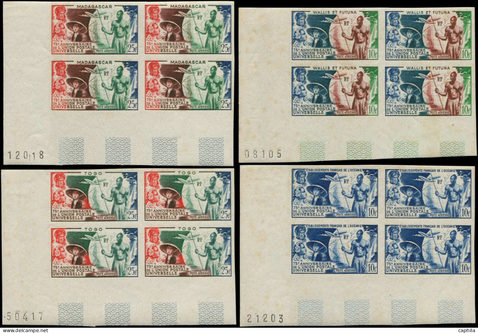 ** COLONIES SERIES - Poste Aérienne - 1949, 75ème An. UPU, Complet, 12 Valeurs En Blocs De 4 Non Dentelés. Cdf (* Sur Bd - Non Classés