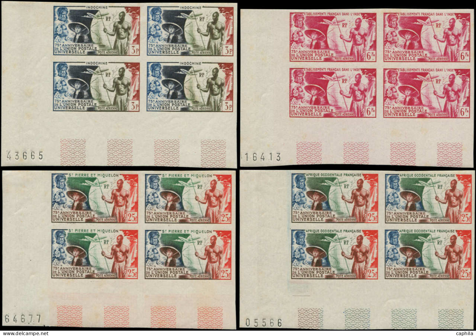 ** COLONIES SERIES - Poste Aérienne - 1949, 75ème An. UPU, Complet, 12 Valeurs En Blocs De 4 Non Dentelés. Cdf (* Sur Bd - Ohne Zuordnung