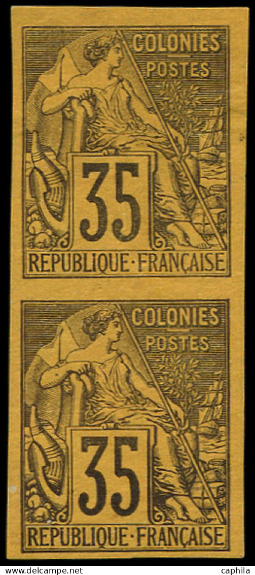 (*) COLONIES GENERALES - Poste - 56, Paire Verticale Non Dentelée, Signée Calves: 35 Violet Sur Jaune - Autres & Non Classés