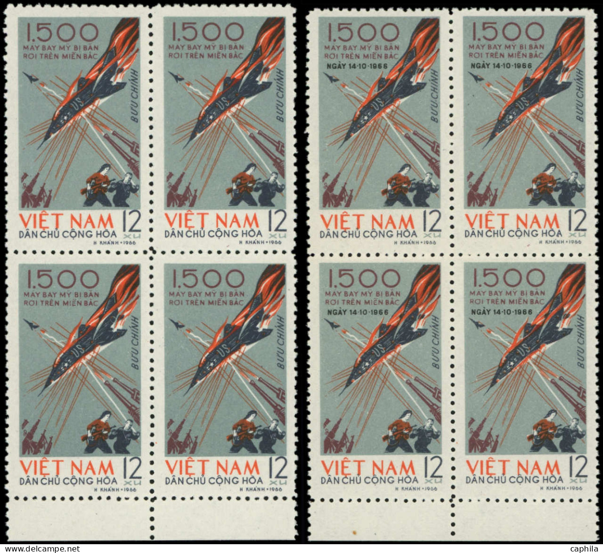 ** VIETNAM DU NORD - Poste - 510 + 526, 2 Blocs De 4, Bdf: 1500 Avions Abattus - Vietnam