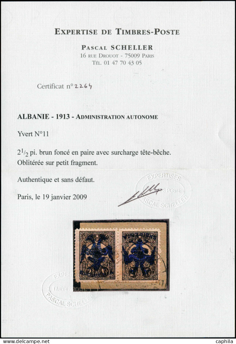 O ALBANIE - Poste - 11, Surcharge Bleue, Exceptionnelle Paire Sur Petit Fragment, 1 Exemplaire Surcharge Renversée Forma - Albanien