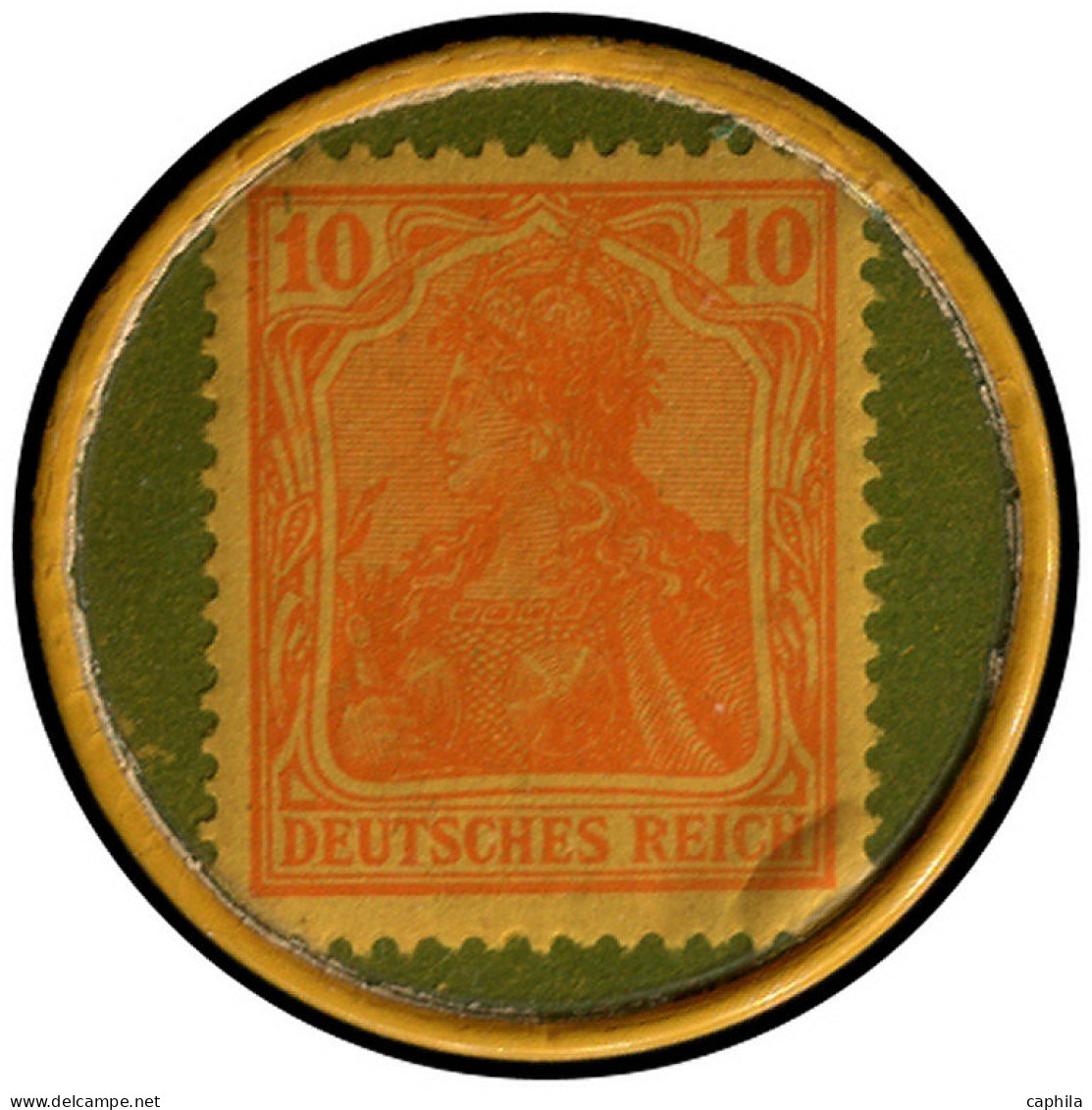 CEL ALL. EMPIRE - Timbres Monnaie - 120, Celluloïd (fond Vert), 20pf. Germania Orange: "Hassia Schuhhmaus" - Autres & Non Classés