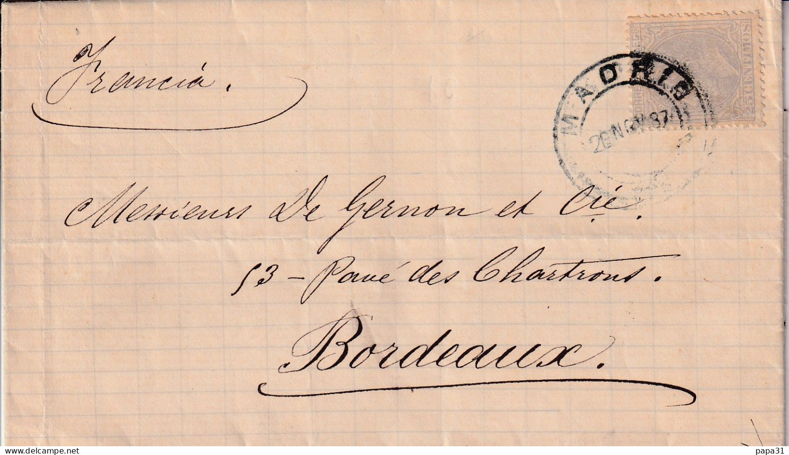 Lettre  De Madrid  1887 Vers Bordeaux - Otros & Sin Clasificación