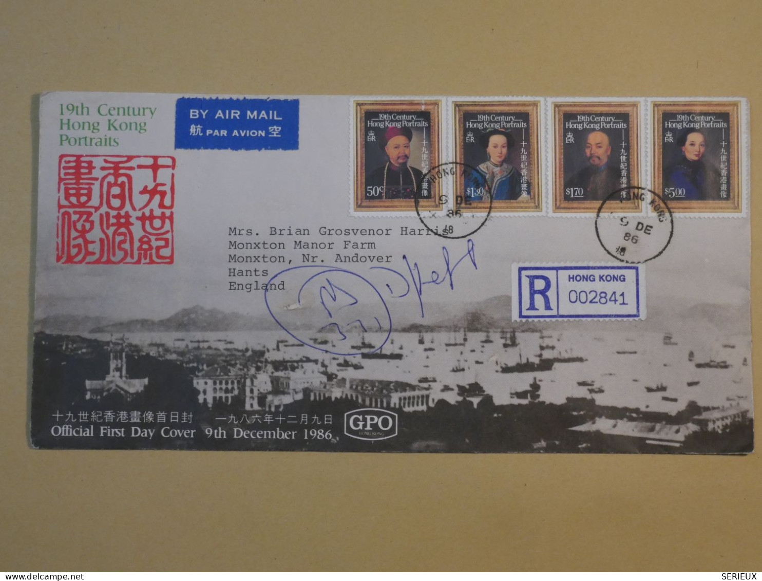 DE1 HONG KONG CHINA  BELLE LETTRE FDC   RECO 1986 A HANTS  U.K ++PORTRAITS +WOMAN +AFFRANCH. INTERESSANT+++ - 1980-1989