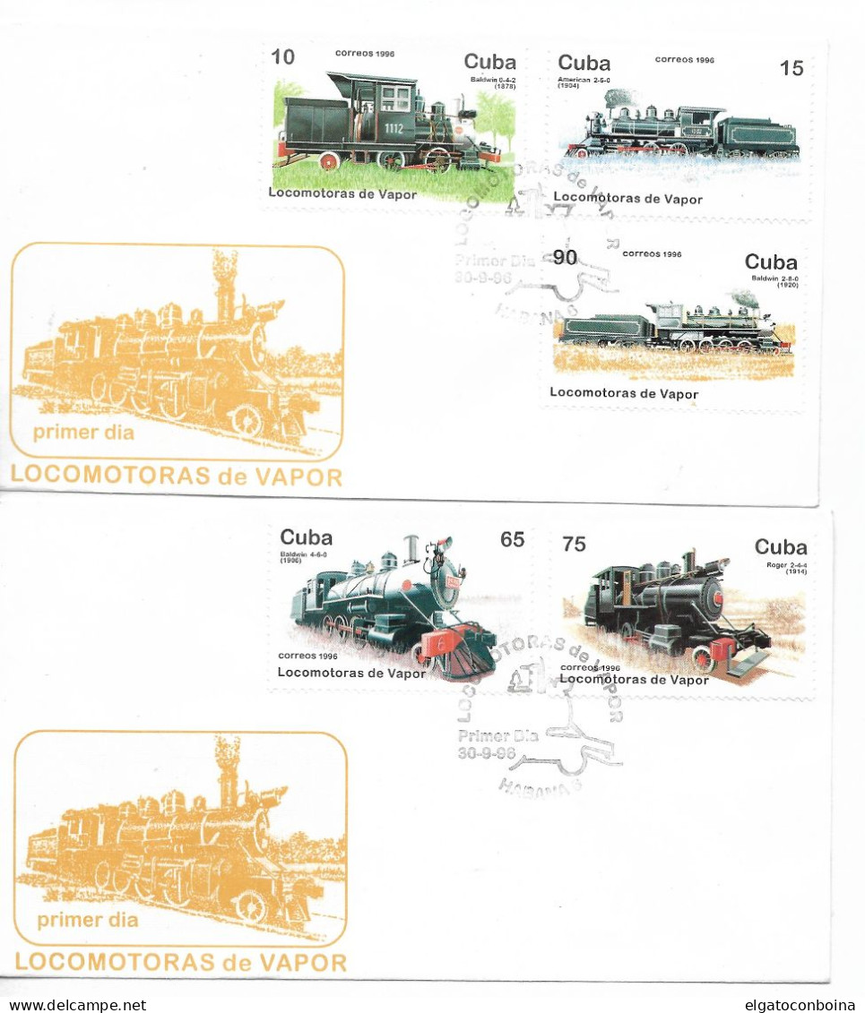 CUBA 1996 FIRST DAY COVER STEAMS LOCOMOTIVES  SET OF 5 IN 2 COVERS FDC - FDC
