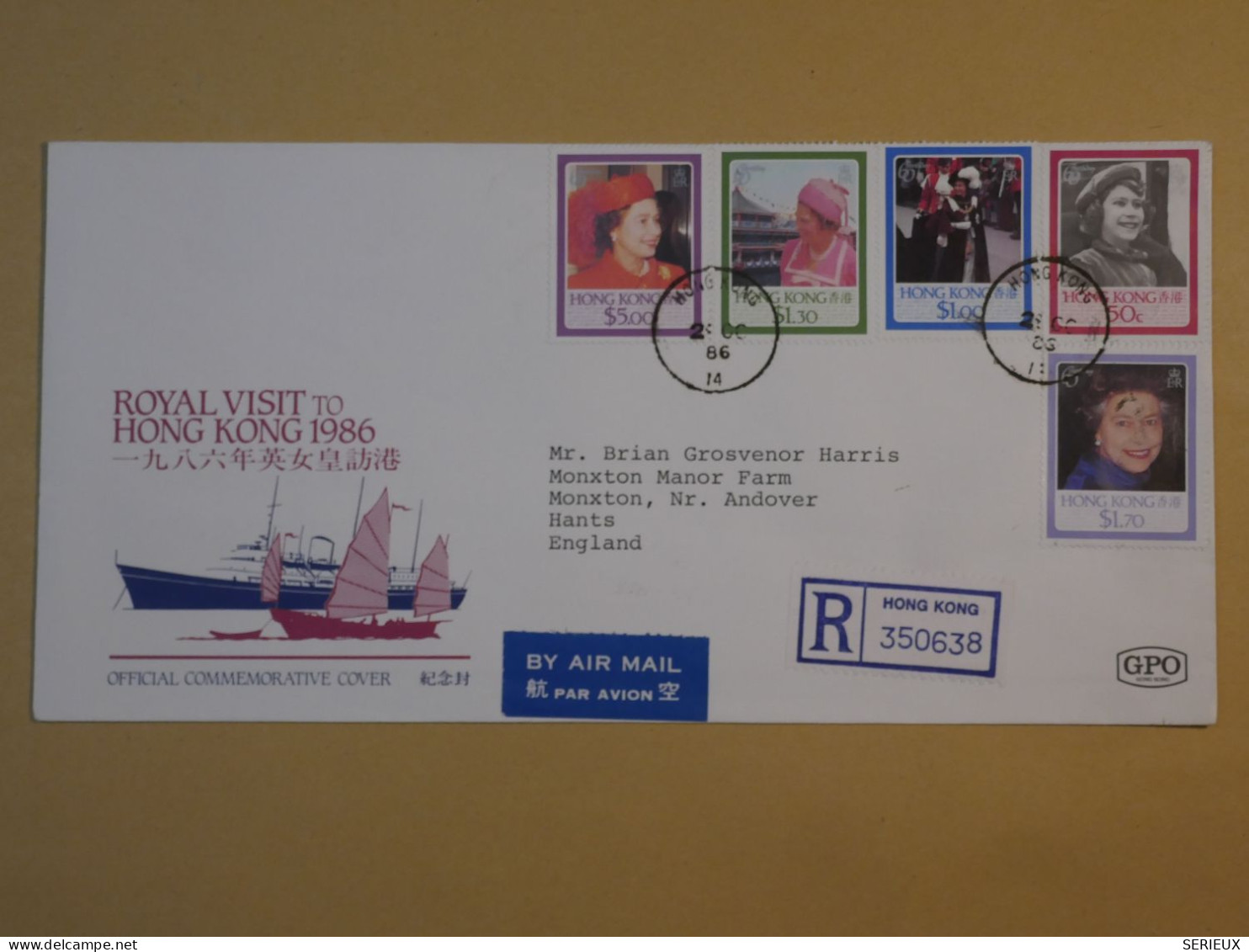 DE1 HONG KONG CHINA  BELLE LETTRE FDC  RECO 1986 A HANTS  U.K ++ROYAL QUEEN ELISABETH VISIT  +AFFRANCH. INTERESSANT+++ - 1980-1989