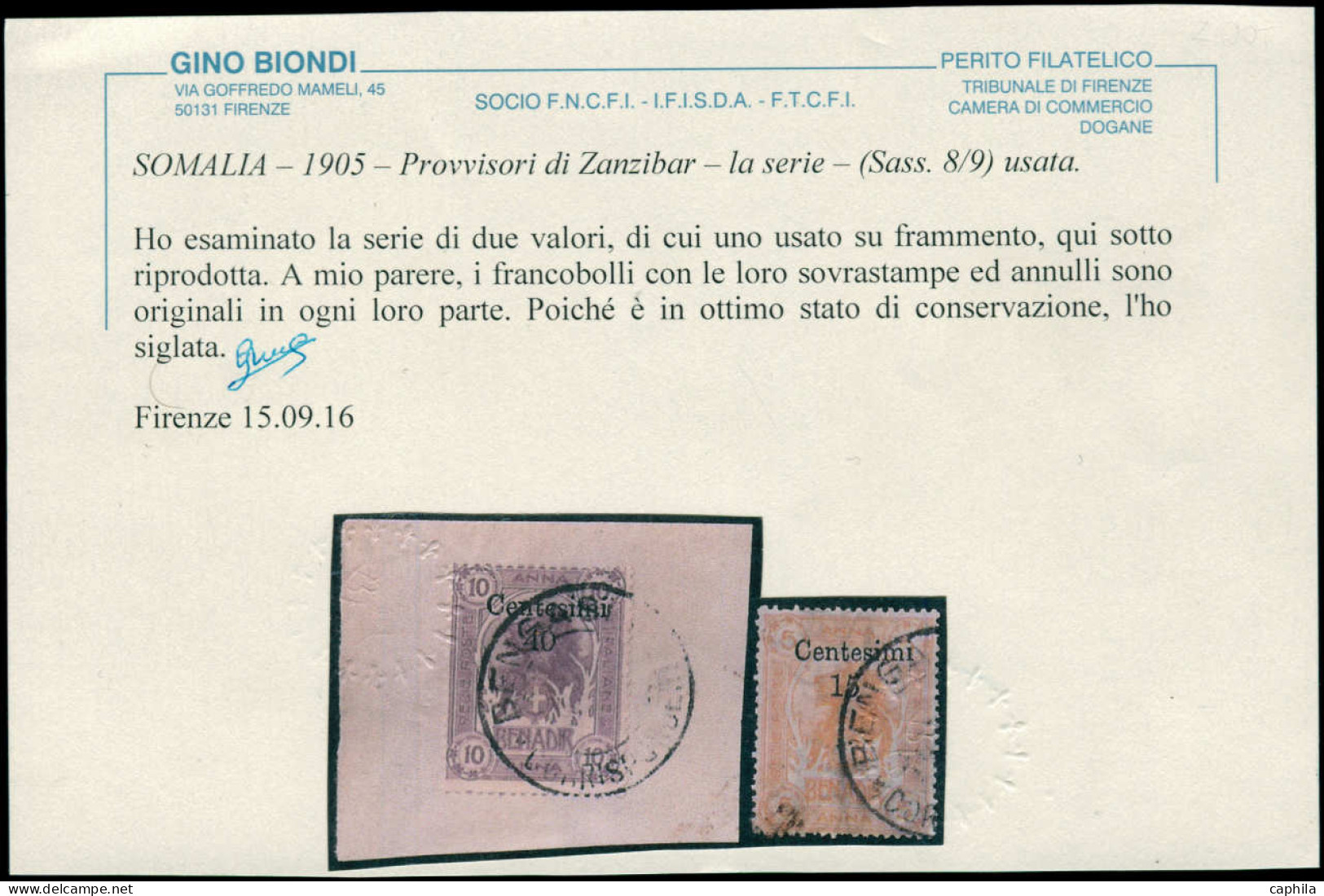 O SOMALIE ITALIENNE - Poste - 8/9, Certificat Biondi, 9 Sur Fragment: Timbres De 1903 Surchargés (Sas. 8/9) - Somalia