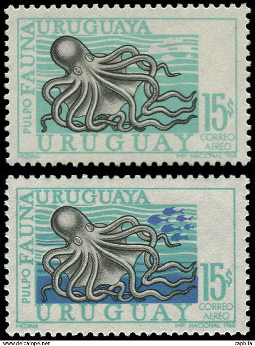 ** URUGUAY - Poste Aérienne - 336, Couleur Bleu Foncé Manquante (poisson Et Fond): 15p. Poulpe (+ Normal) - Uruguay