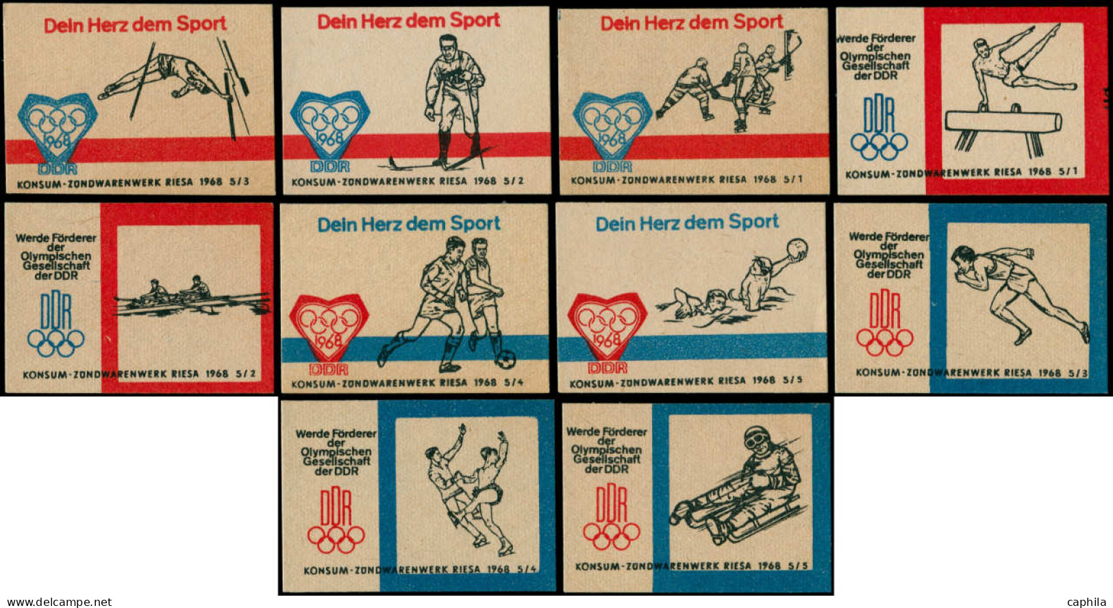 (*) Jeux Olympiques - Vignettes - (1968) DDR, Série De 10 Vignettes: Hockey, Football, Aviron - Sonstige & Ohne Zuordnung