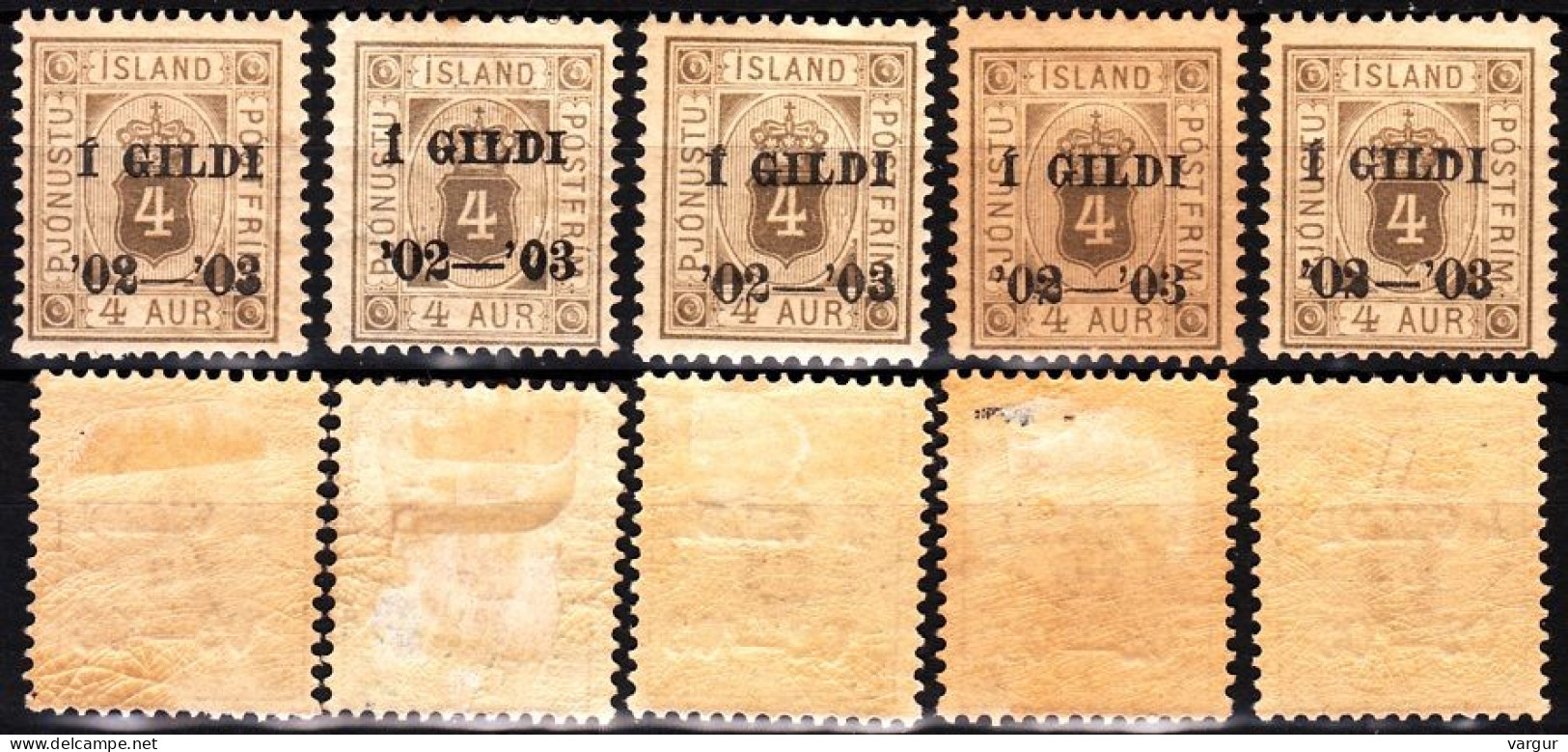 ICELAND / ISLAND Postage Due 1902 Overprints On 4A, Perf 12 3/4. 5 Copies, MH - Dienstmarken