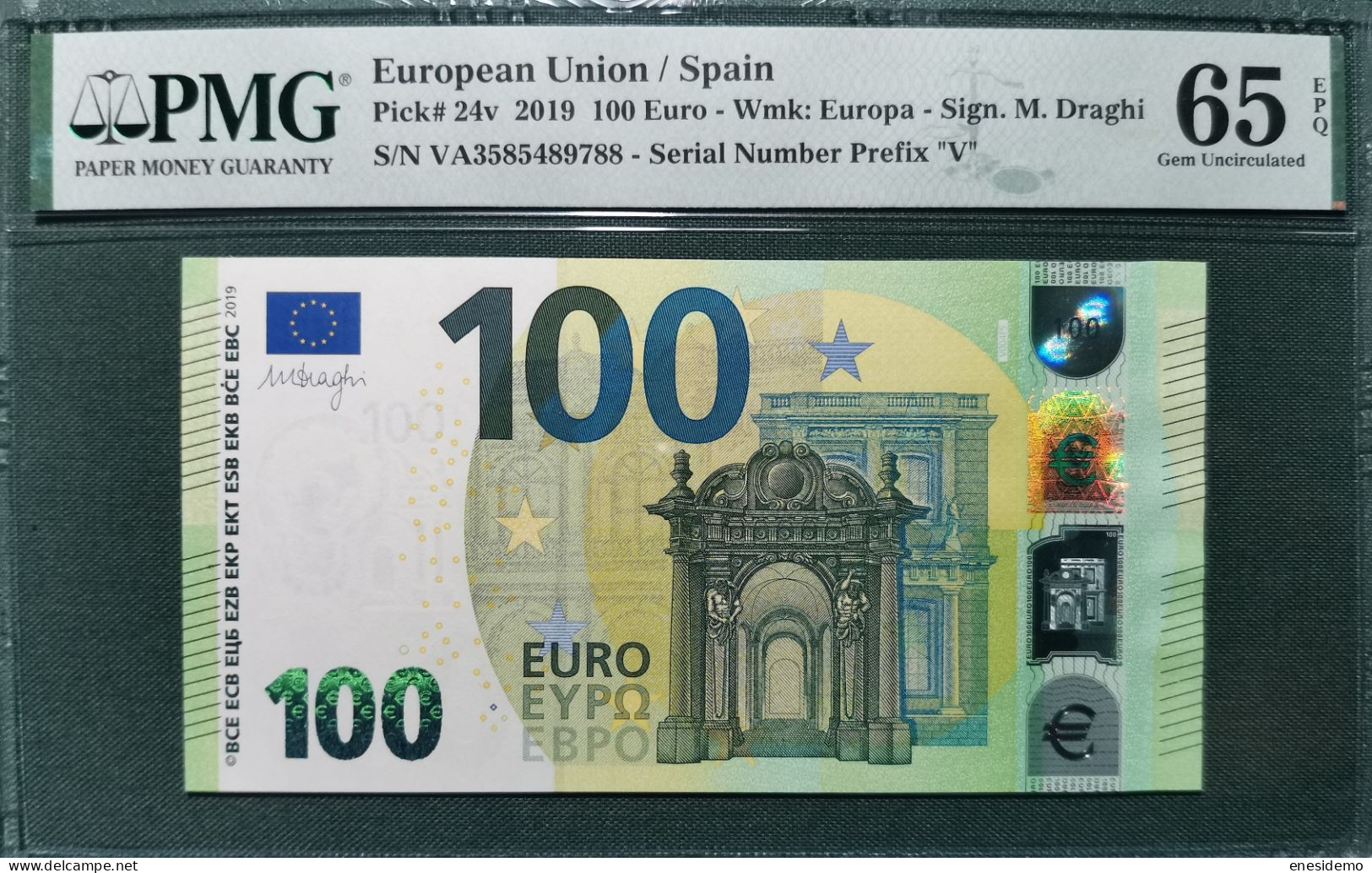 100 EURO SPAIN 2019 DRAGHI V004F5 VA CERTIFICATE PMG 65 SC FDS UNCIRCULATED PERFECT - 100 Euro