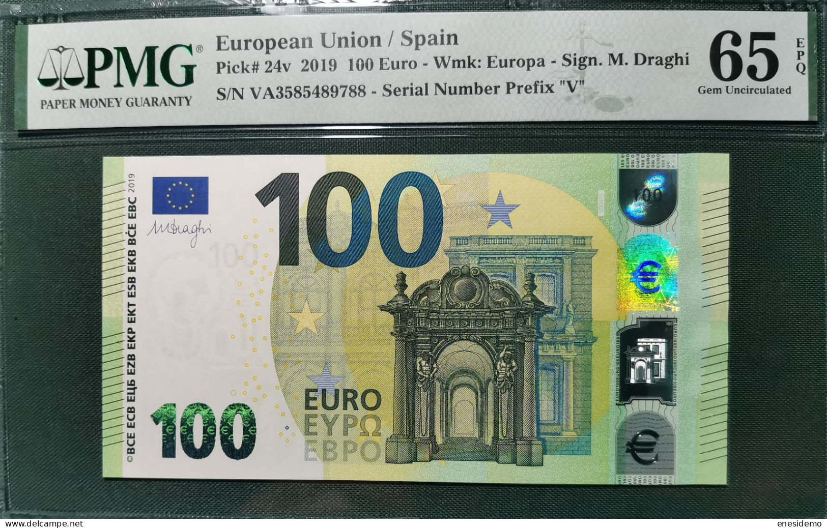 100 EURO SPAIN 2019 DRAGHI V004F5 VA CERTIFICATE PMG 65 SC FDS UNCIRCULATED PERFECT - 100 Euro