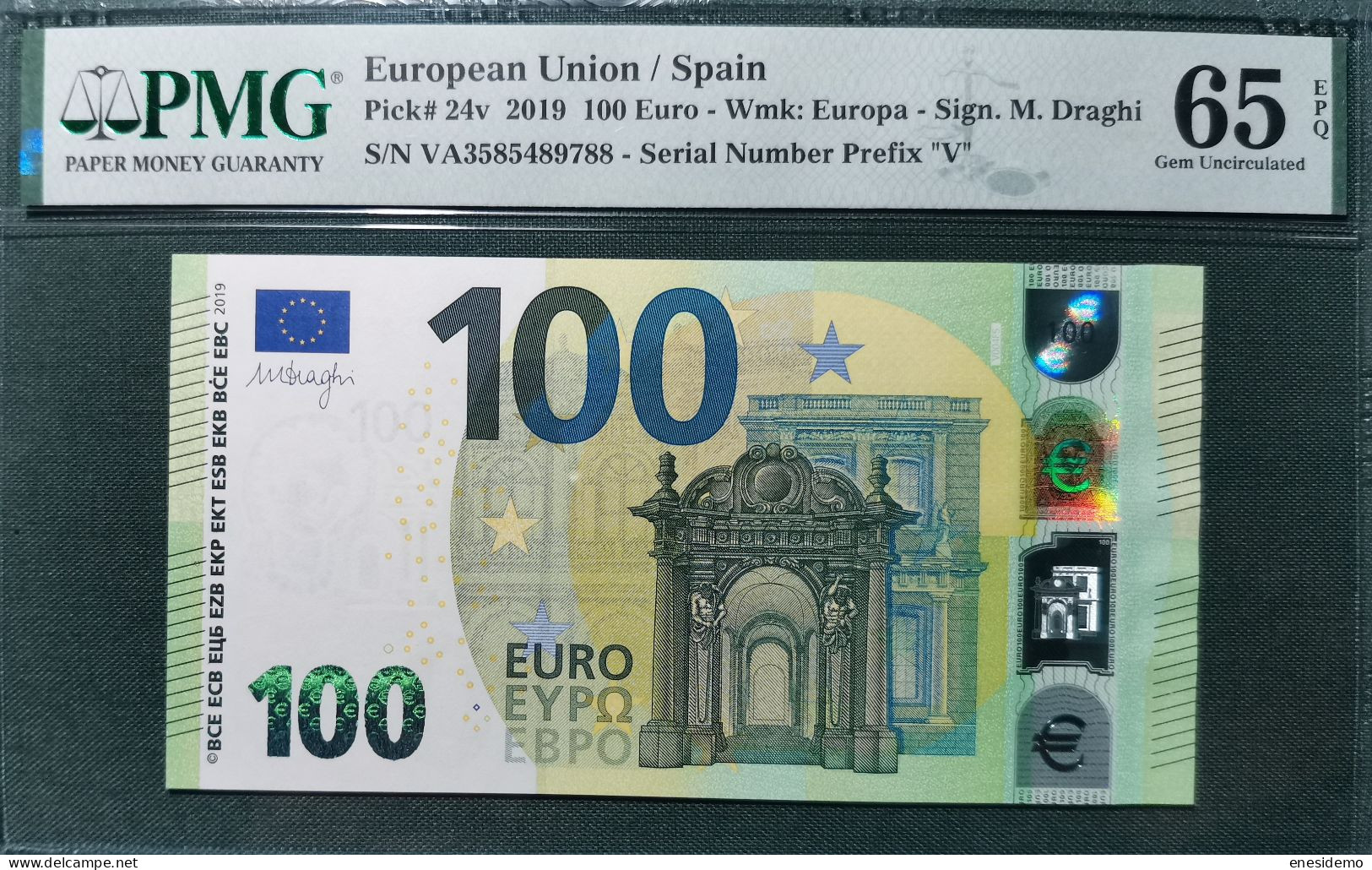 100 EURO SPAIN 2019 DRAGHI V004F5 VA CERTIFICATE PMG 65 SC FDS UNCIRCULATED PERFECT - 100 Euro