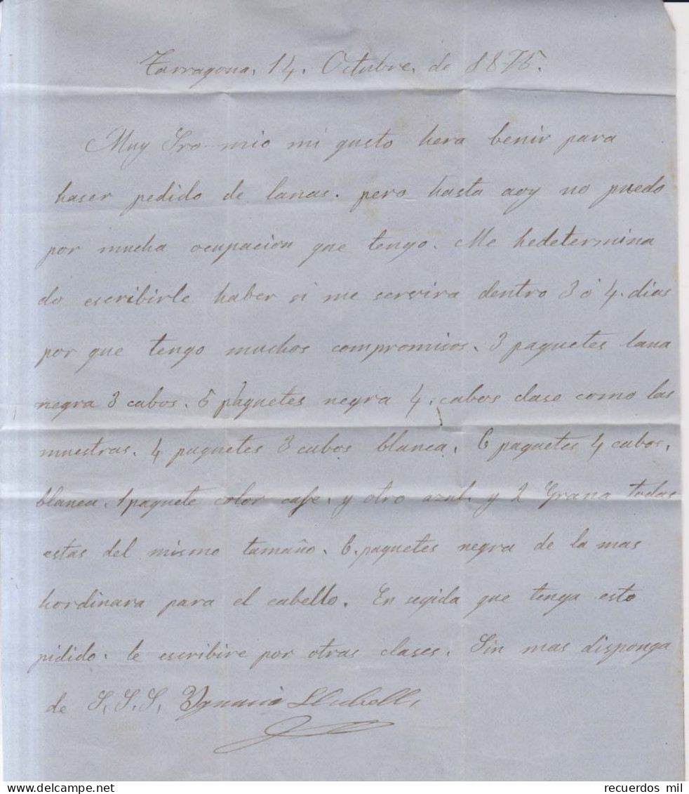 Año 1875 Edifil 164-154 Alfonso XII  Carta  Matasellos Tarragona 46 - Covers & Documents