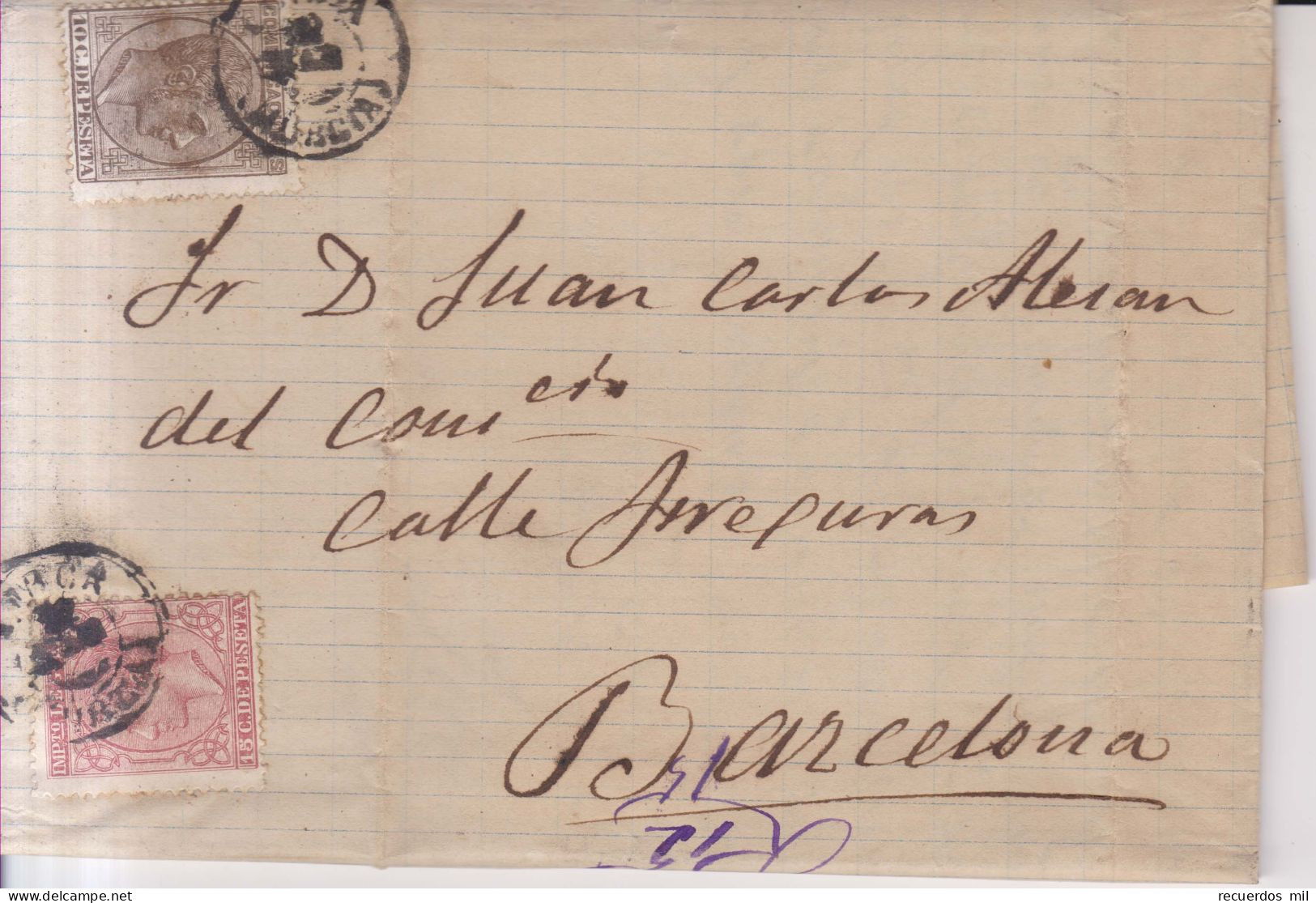 Año 1878 Edifil 192-188 Alfonso XII  Carta  Matasellos Lorca Murcia Juan Frias - Brieven En Documenten