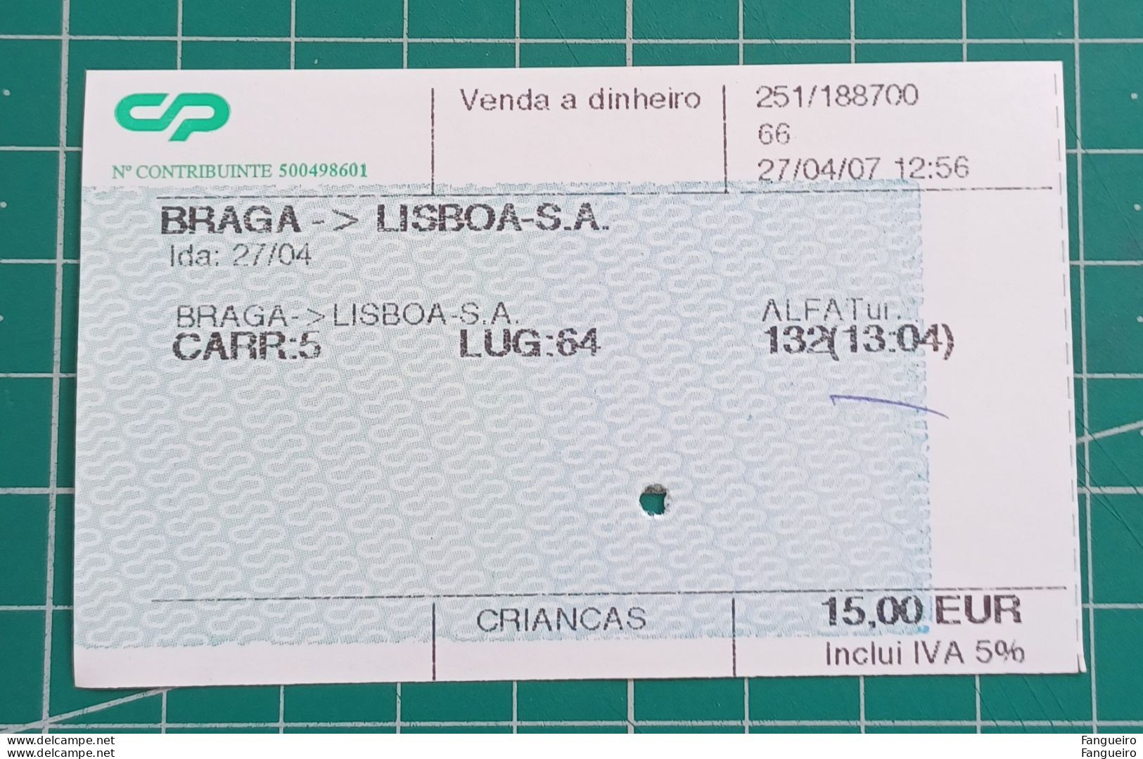 PORTUGAL TRAIN TICKET CP 2007 - Europe