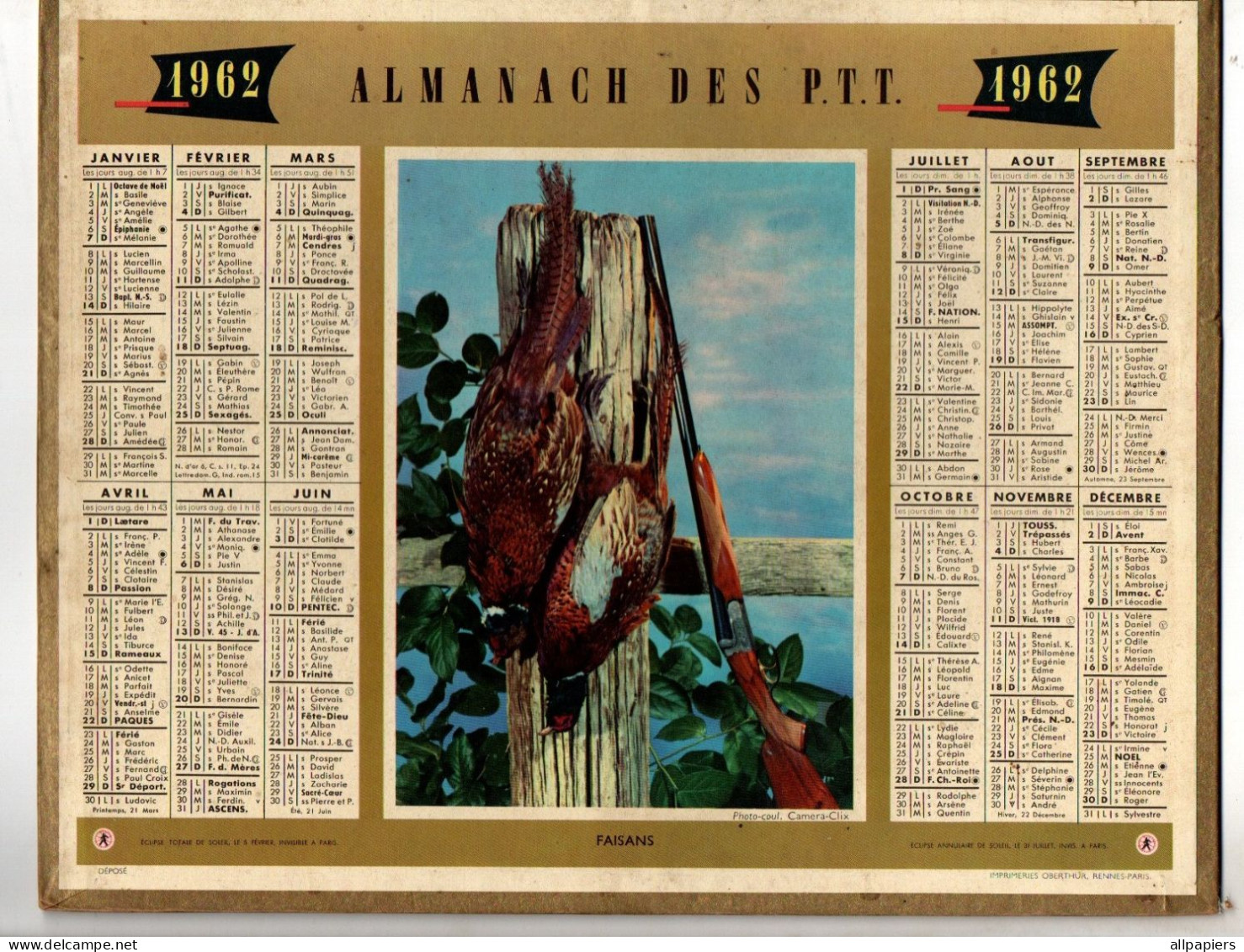 Calendrier Almanach Des P.T.T. 1962 Faisans Du Nord - Format : 26.5x21 Cm - Groot Formaat: 1961-70