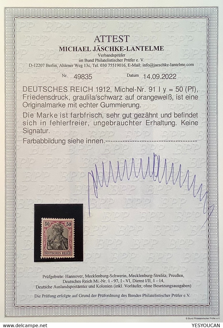 91 I Y SELTENE FARBE ORANGEWEISS LUXUS *=MH (quasi** )Dt. Reich1912 50 Pf Germania Friedensdruck FA Jäschke-Lantelme BPP - Nuovi