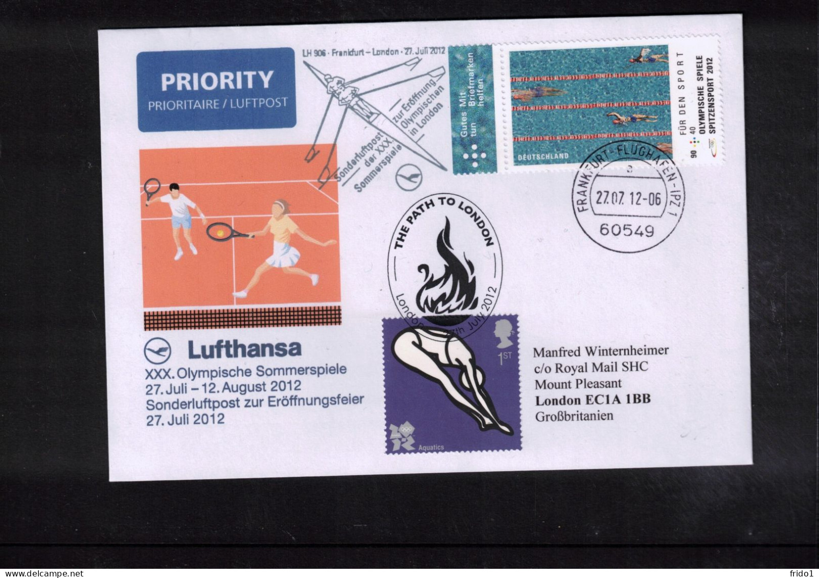 Germany 2012 Olympic Games London- Lufthansa Special Flight Frankfurt - London To The Opening Of O.G. Interesting Letter - Eté 2012: Londres