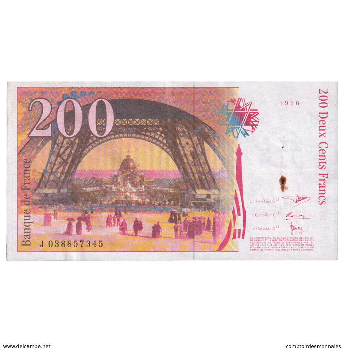 France, 200 Francs, Eiffel, 1996, J038857345, TTB, Fayette:75.3a, KM:159b - 200 F 1995-1999 ''Eiffel''