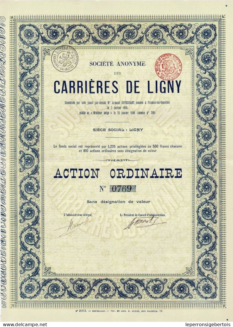 Titre De 1896 - Société Anonyme Des Carrières De Ligny - N° 0769 - Mines