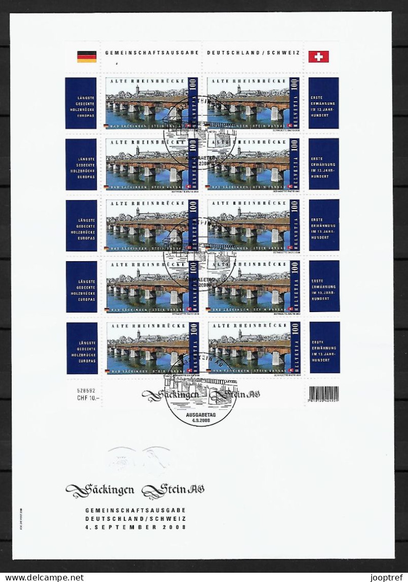 2008 Joint/Gemeinschaftsausgabe Switzerland And Germany, FDC SWITZERLAND WITH SHEET 10 STAMPS: Old Rhine Bridge - Joint Issues
