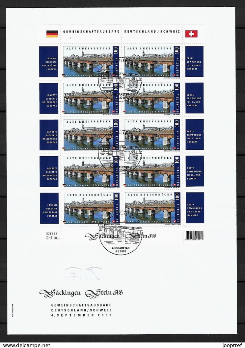 2008 Joint/Gemeinschaftsausgabe Switzerland And Germany, FDC SWITZERLAND WITH SHEET 10 STAMPS: Old Rhine Bridge - Gezamelijke Uitgaven