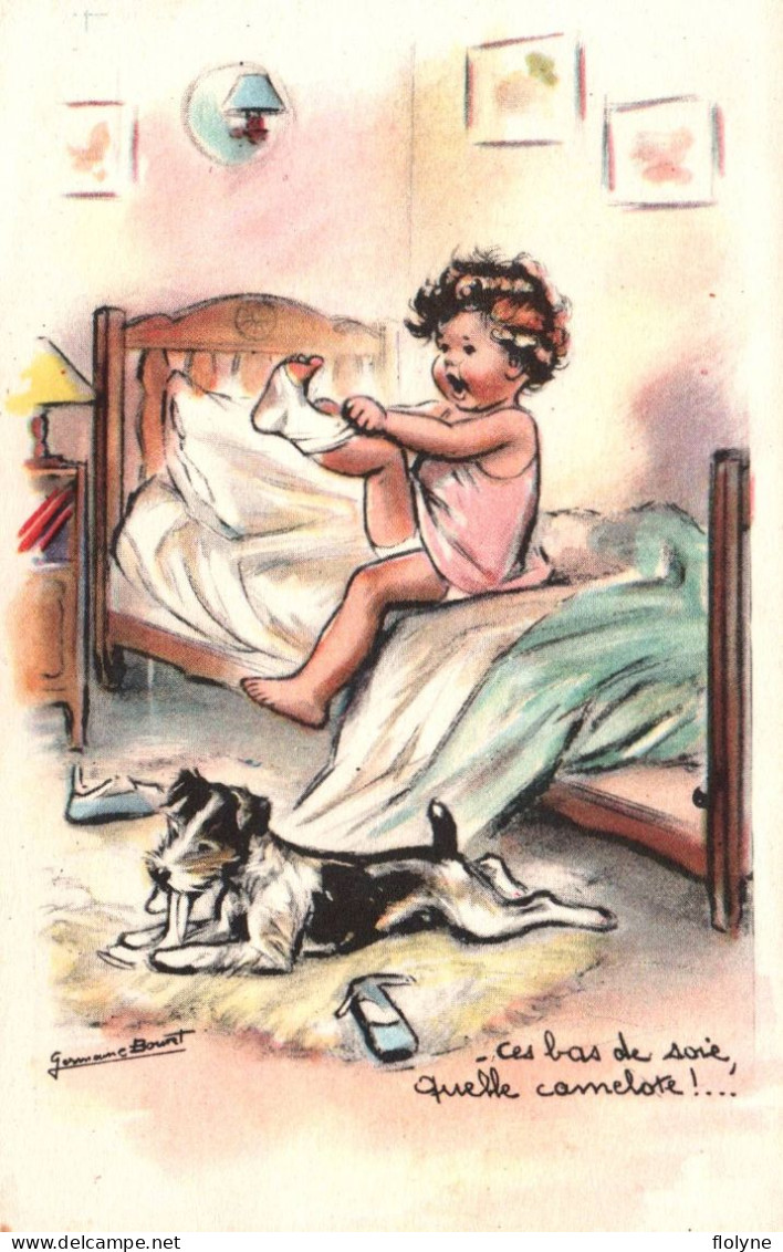 Germaine BOURET - Cpa Illustrateur - Ces Bas De Soie , Quelle Camelote ! Enfant Chien - Bouret, Germaine