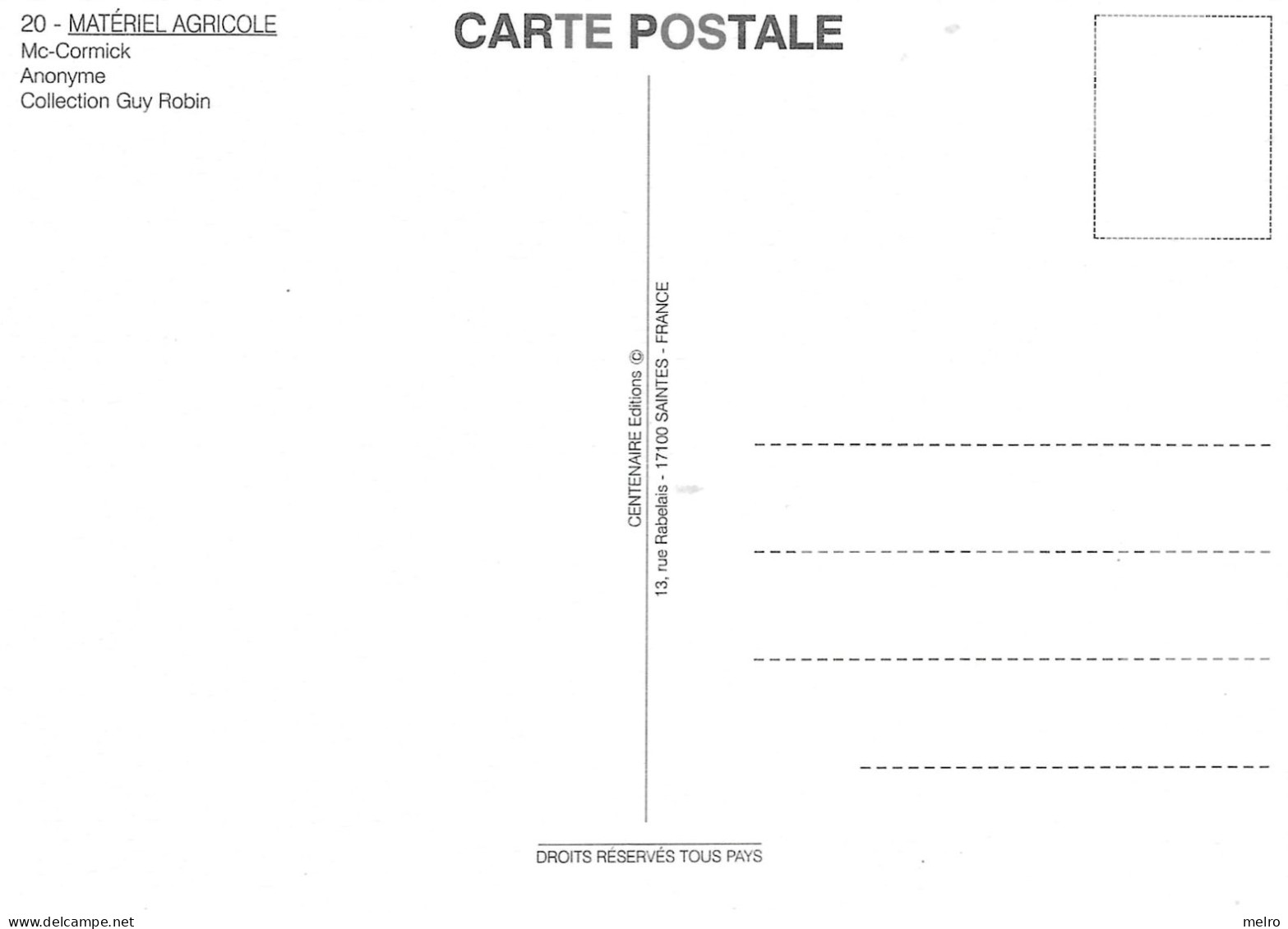 CPSM - Mc CORMICK "dans Chaque Ferme "TRACTEURS Tracteur Matériel Agricole N° 20 éditions Centenaire . - Tracteurs