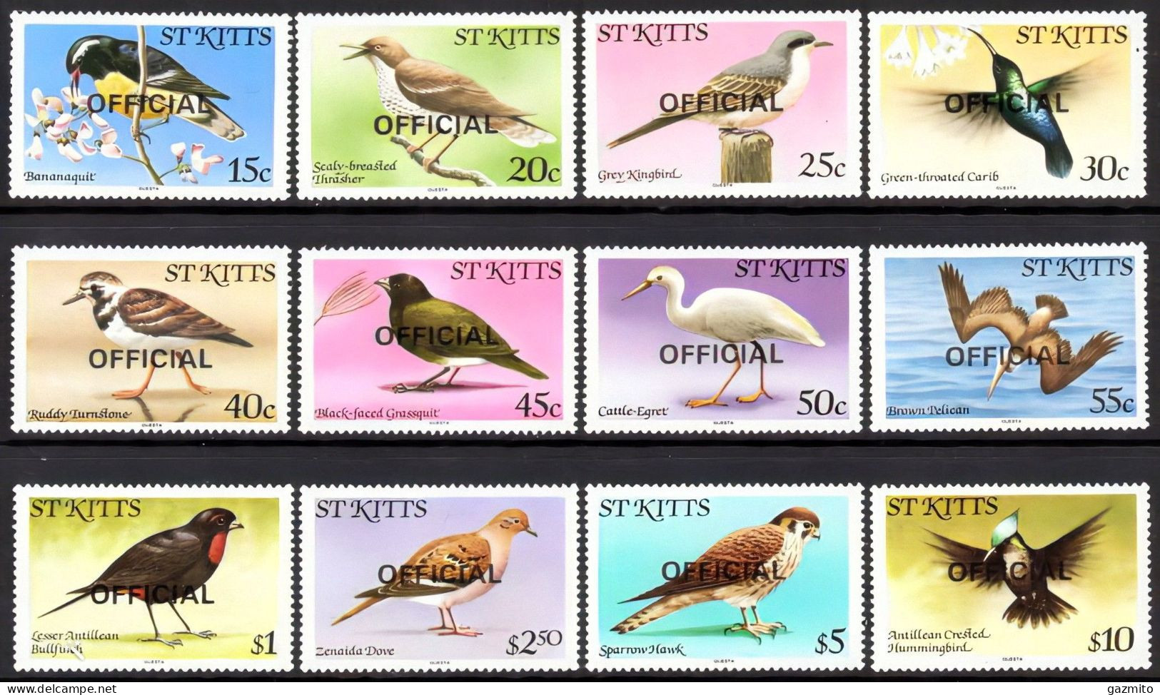 S. Kittis 1981, Birds, Dove, Hawk, Pelican, Overprinted, 12val - Pélicans