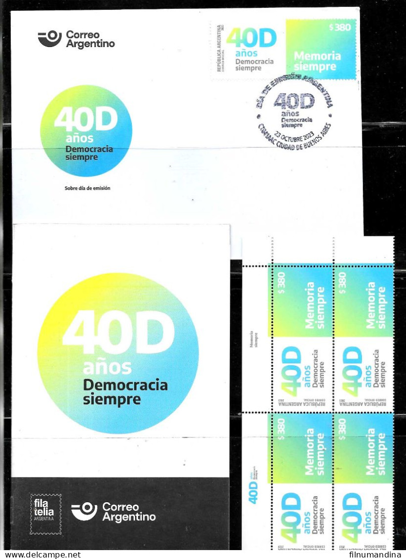 #75319 ARGENTINA 2023  RETURN OF DEMOCRACY 40TH YEARS ANIV COMBO SET BLOC OF 4 +FDC+BROCHURA - Ungebraucht