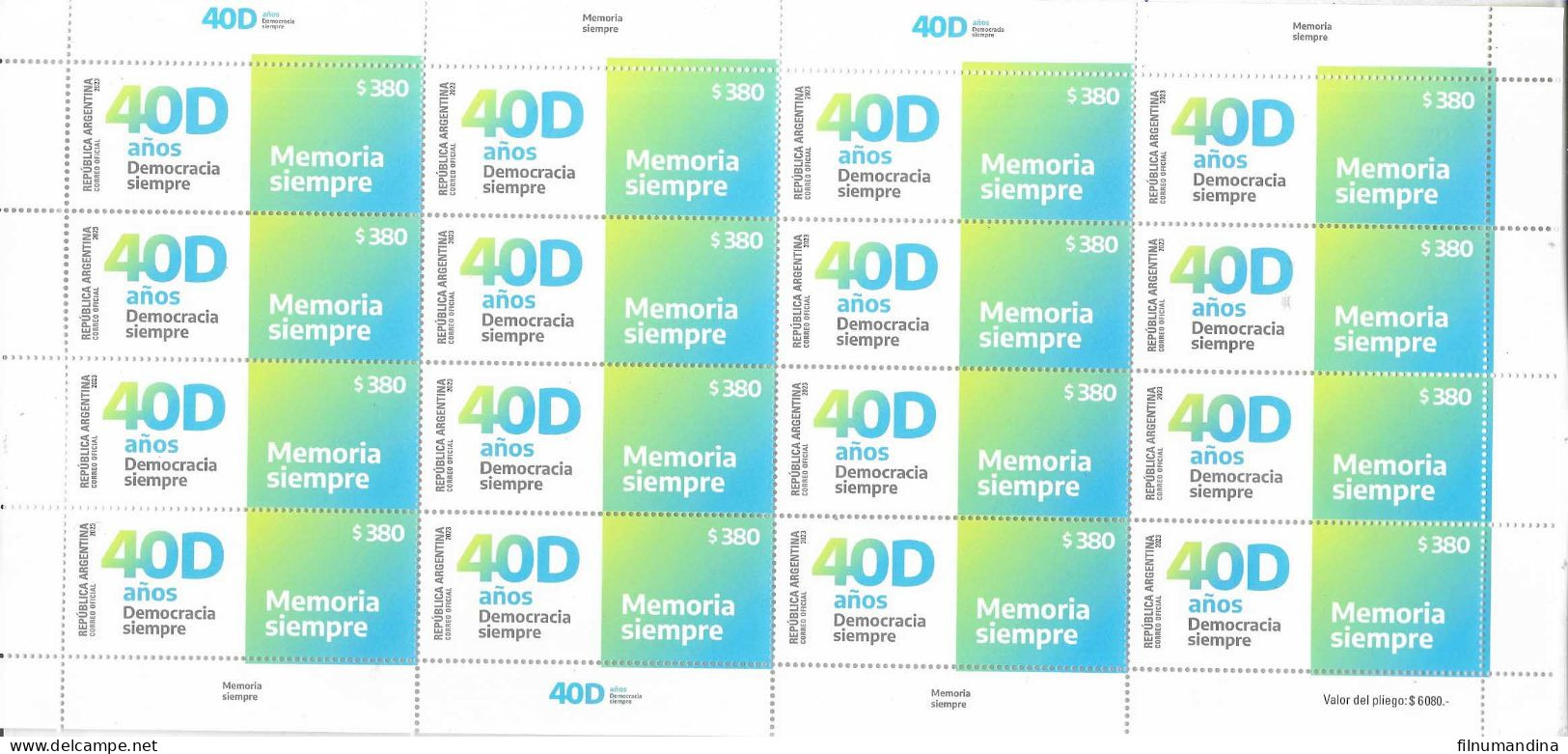 #75320 ARGENTINA 2023  RETURN OF DEMOCRACY 40TH YEARS ANIV FULL SHEET MNH - Nuevos