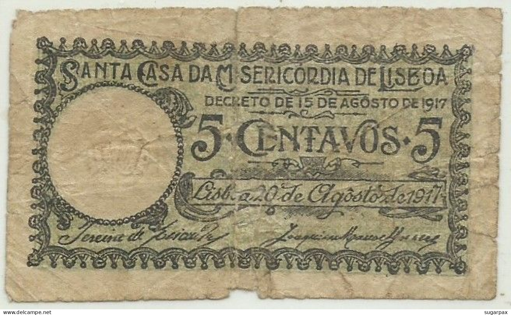 Santa Casa Da Misericórdia De Lisboa - 5 Centavos 20.08.1917 - SÉRIE IY - M. A. N.º 1 - Portugal Cédula Notgeld - Portugal